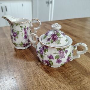 Made in Japan Mid Century Sugar & Creamer Bowl White Purple Floral Gold Gilt